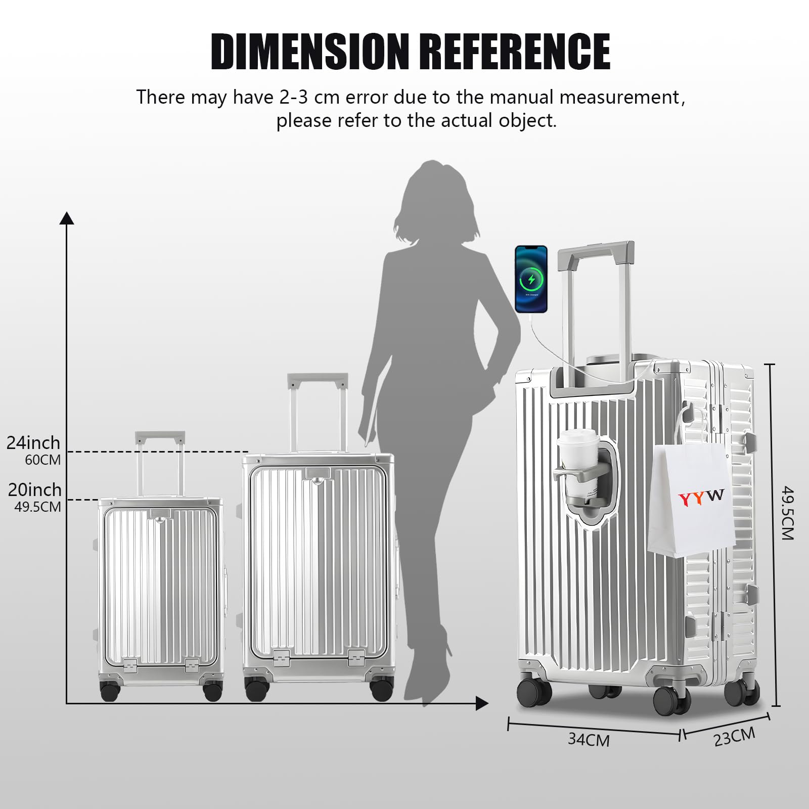 YYW Valigia in alluminio con ruote girevoli, leggera e rigida, con serratura TSA integrata, con portabicchieri, porta USB, supporto per telefono, Argento, 24inch/39x25x65cm, classico
