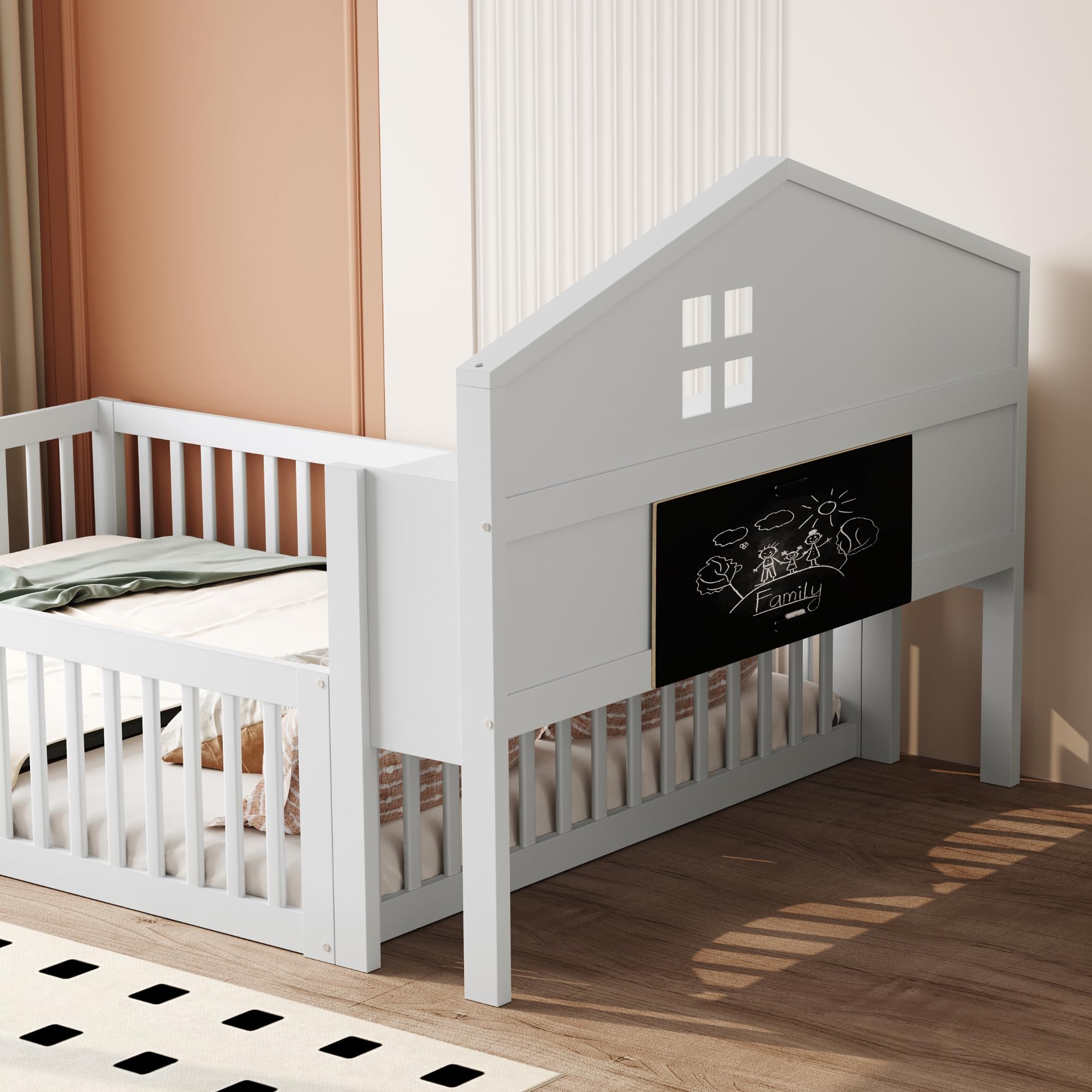 Letto per bambini 140 x 200 con Testiera Contenitore e Barra Portafoto, Montessori Letto a Terra per Bambini con Rete a doghe, Struttura Letto in Legno Massiccio, Letto Piazza e Mezza per Bambini
