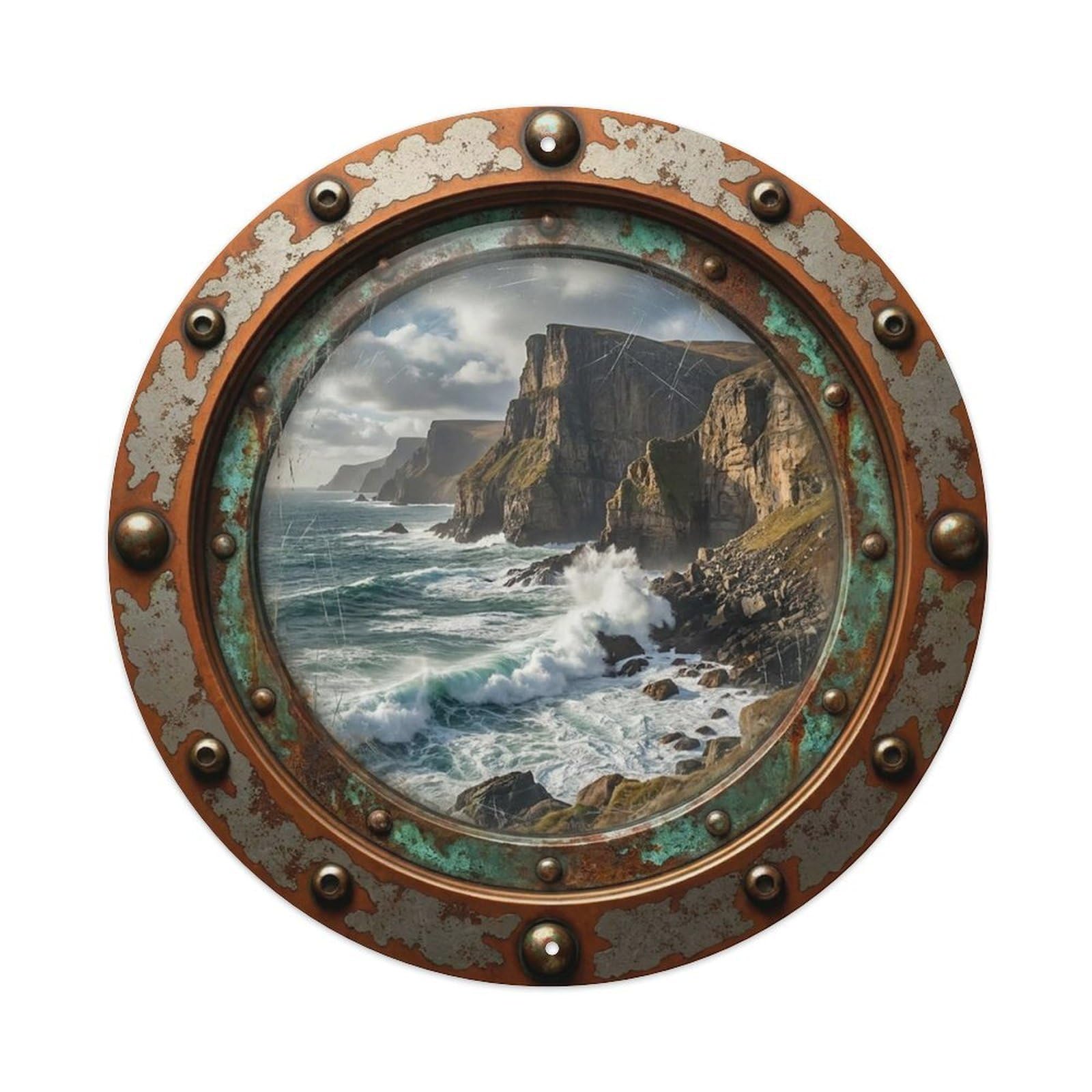 Vintage Porthole Cliff Shore Nautical Window View Vintage Metal Tin Sign Plaque Wall Decor for Cafe, Club Bar, Office, Garden Metal Poster 8x8Inch