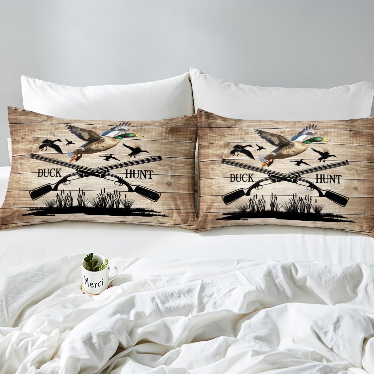 Duck Hunting Bedding Set Queen Size,Wild Animals Duvet Cover Set,Rustic Farmhouse Style Comforter Cover 3Pcs for Kids Boys Adult Men Room Decor Vintage Brown Old Wood Barn Quilt Cover,2 Pillowcases
