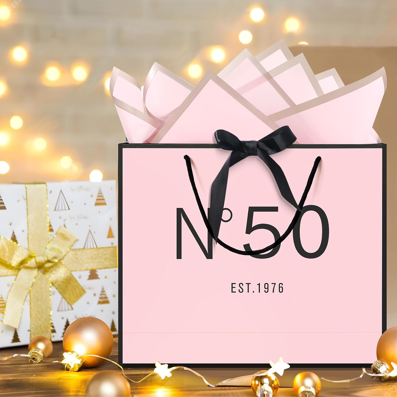 13" Birthday Gift Bag with Card Envelope Sticker Bow Ribbon and Tissue papers for Women Girls Design with Handles,13th-100th (EST.1976 50th, 13" W x 10.5" H x 4.3" D) - Image 5