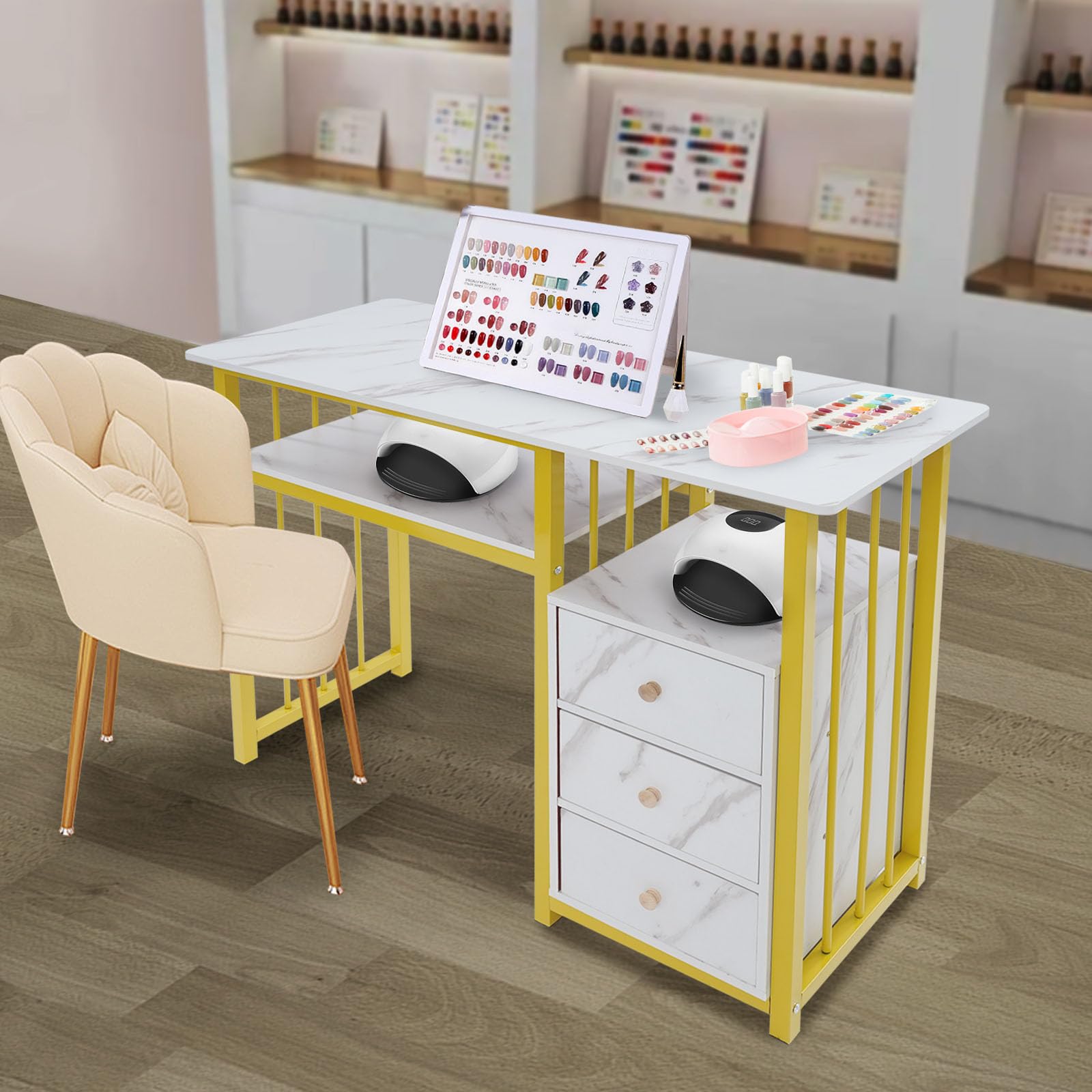 Mesa de manicura profesional blanca dorada, escritorio de uñas con 3 cajones y estante, mesa de trabajo estética de mármol, 100 cm, muebles de salón belleza, tocador, almacenamiento para barnices y