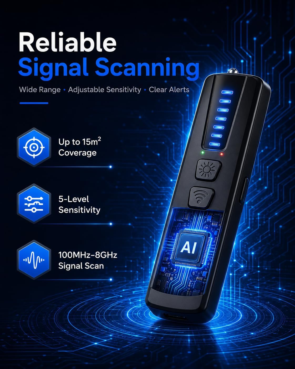 Hidden Camera Detectors, AI-Powered Portable RF Signal Scanner with LED Flashlight, Adjustable Sensitivity Safety Tool for Travel, Hotel, Car, Home and Office, Black