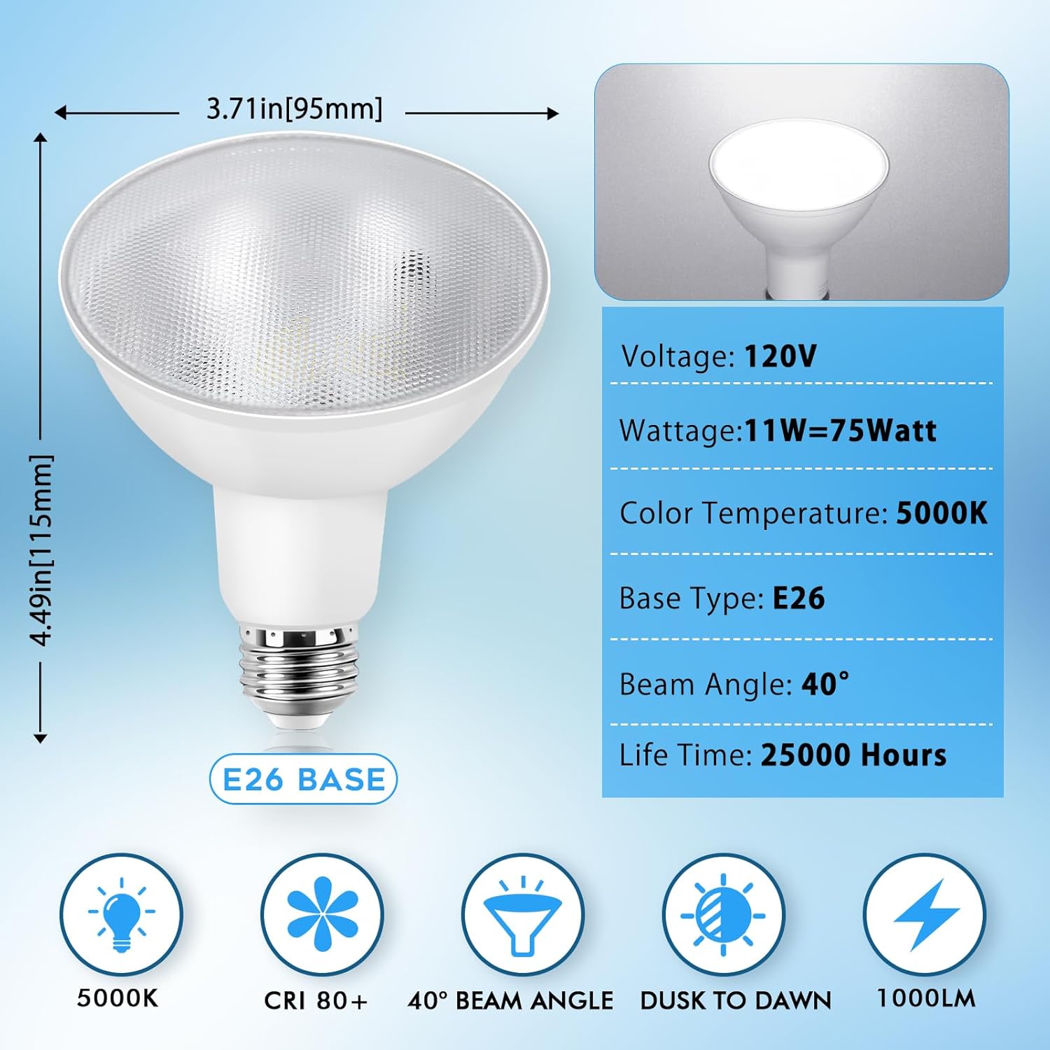 LED PAR30 Outdoor Flood Light Bulbs,Dusk to Dawn LED Light Bulbs for Yard Patio Garage Porch Driveway,11W 1000LM 5000K Daylight White,E26 Base, Non-Dimmable, Wet Location,2 Pack