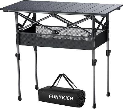 FUNYKICH Folding Camping TableL32.3xW15.7, Aluminum Roll-up Portable Picnic Table with 2 Adjustable Height, Large Storage and Carrying Bag for Picnic, Camping, BBQ, Party, Backyard, Beach