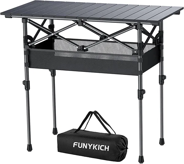 FUNYKICH Folding Camping Table(L32.3''xW15.7''), Aluminum Roll-up Portable Picnic Table with 2 Adjustable Height, Large Storage and Carrying Bag for Picnic, Camping, BBQ, Party, Backyard, Beach
