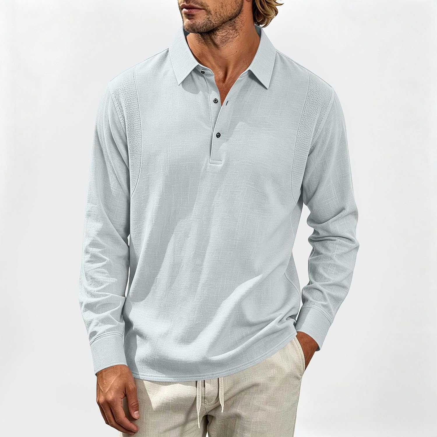 Men Long Sleeve Polo Shirt Button Front Mesh Splice Casual Pullover