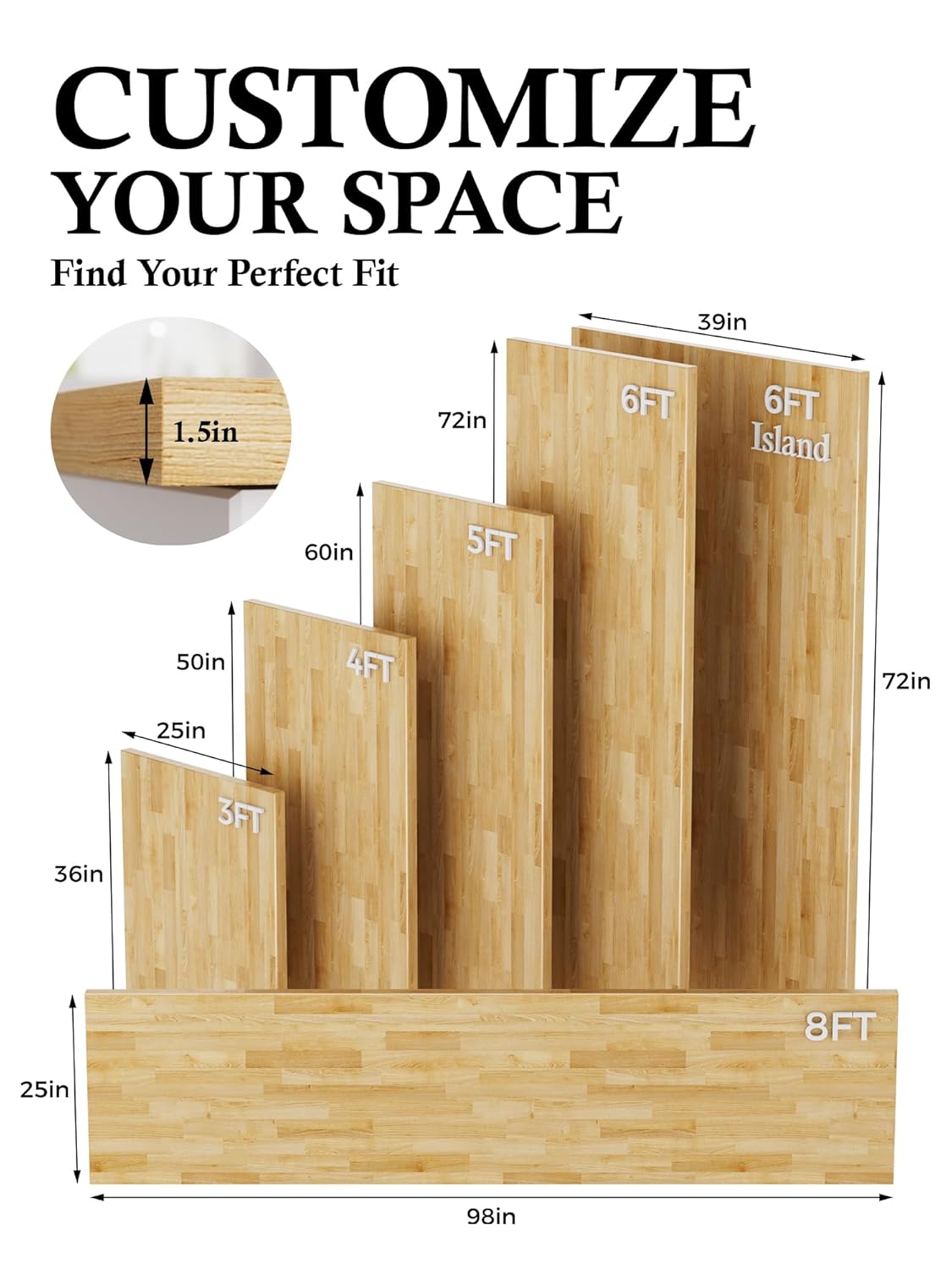 8FT Birch Solid Wood Butcher Block Countertop - 98" x 25" Kitchen Table Top Butcher Block Counter Top for Living Dining Table Office Desk Workbench Countertop Unfinished 1.5" Th