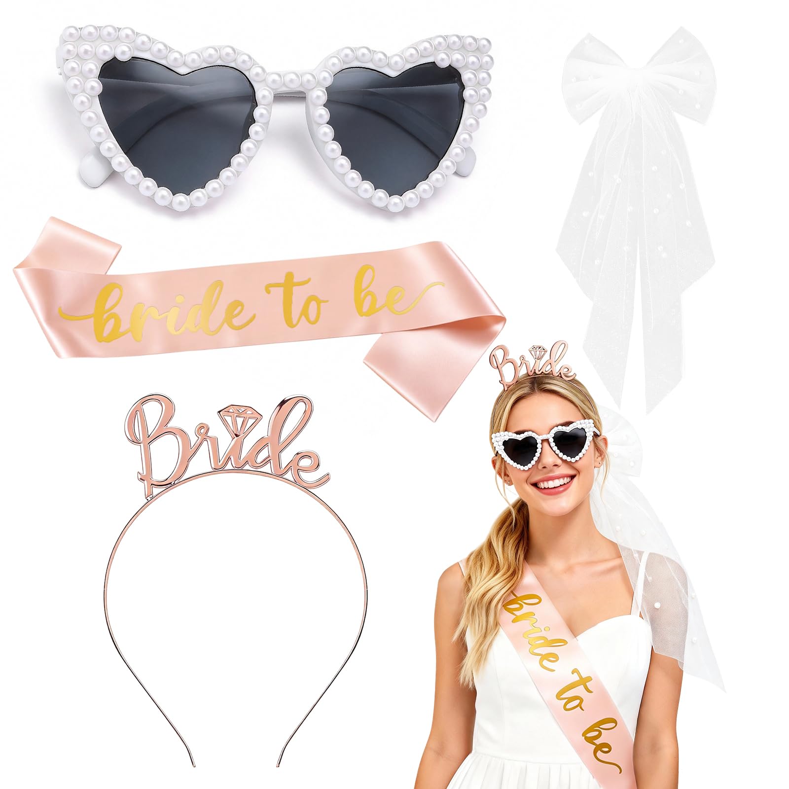 4pcs Hen Do Accessories, Bride to Be Sash Bride Sunglasses Crystal Headband Bow Veil with Pearl, Hen Party Accessories for Bachelorette Party Hen Night Party Wedding (Rosegold)