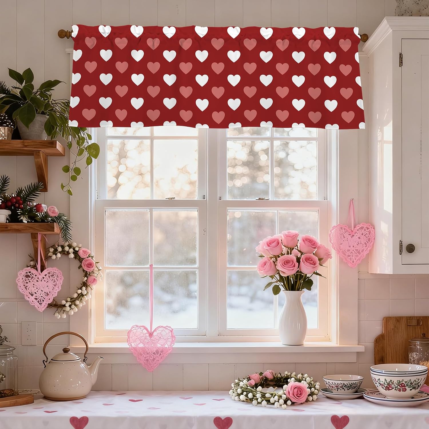 Valentines Day Hearts Valances for Windows 54x18 Inch red-Pink Heart Curtain Valance for Kitchen Bathroom Bedroom Living Room Decor