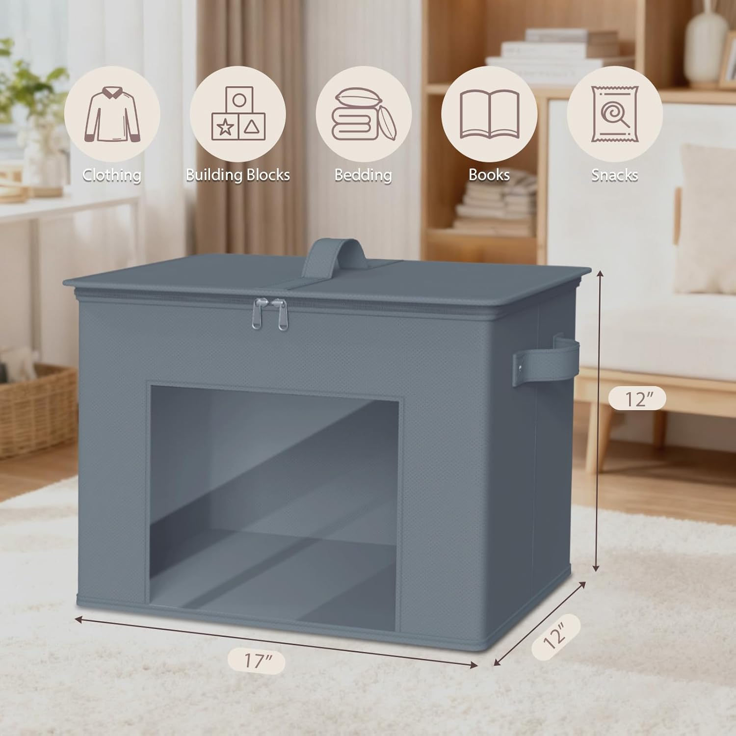 Zilink Fabric Foldable Storage Boxes with Lid 4-Pack Stackable Storage Bins with Zipper & Clear Window Fabric Closet Containers and Organizers for Home, Office, Bedroom (Grey,17" x 12" x 12")