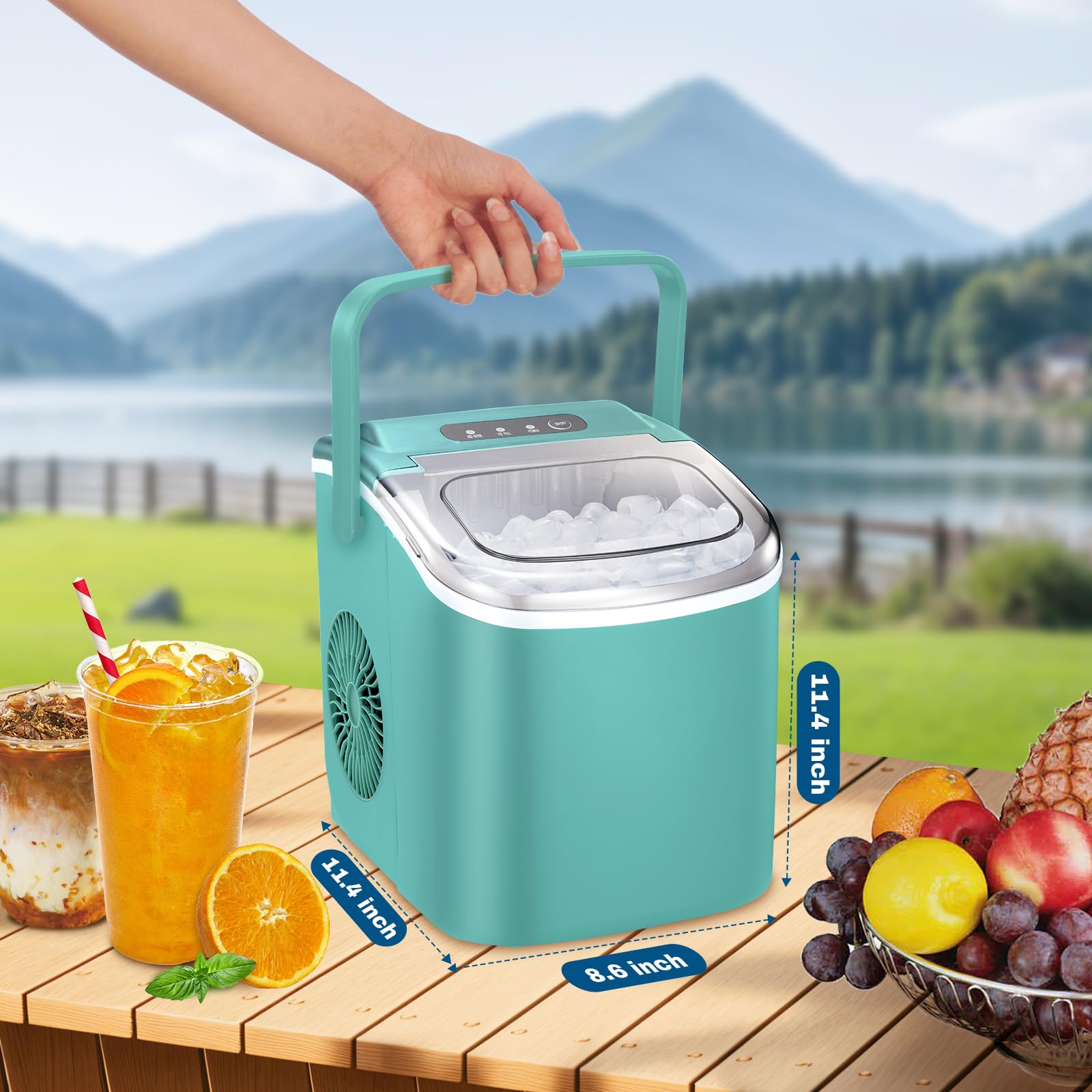 Pioch Ice Makers Countertop, Portable Ice Maker Machine With Carry Handle, 26lbs/24h, Ice Machine Self-Cleaning With Basket And Scoop For Home Kitchen Party,Green on Fridge.com - View 6