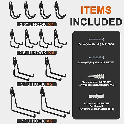 Miniatura 6 de Rivemon Ganchos de almacenamiento de garaje resistentes, paquete de 12 ganchos de acero para montaje en pared y organizador para herramientas
