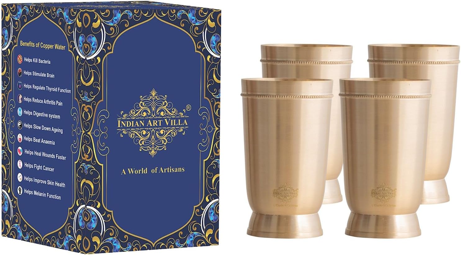 INDIAN ART VILLA Pure Brass Glass Tumbler, for Drinking Serving Water, Yoga & Ayurveda (Pack of 4, Matt Finish)