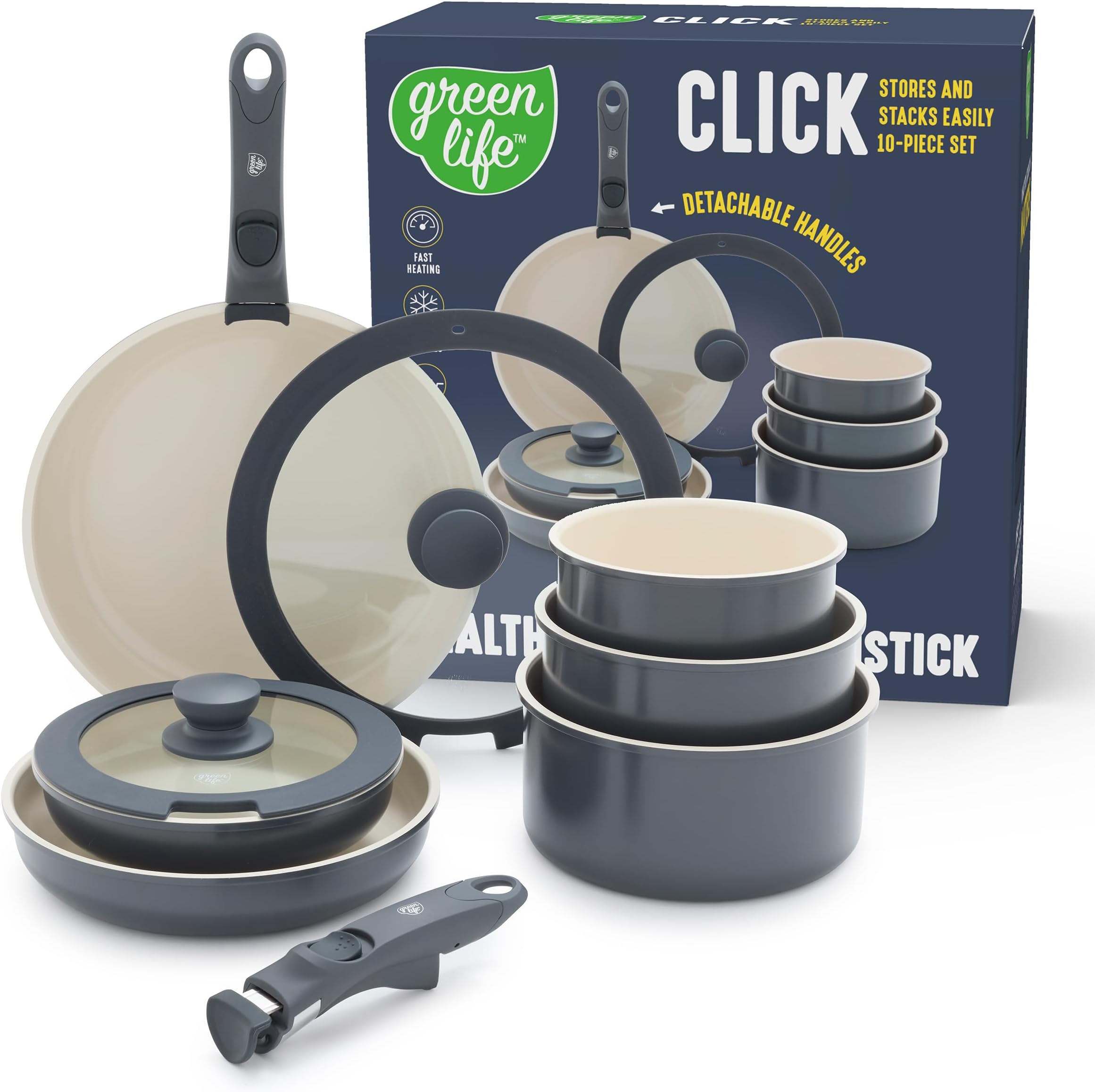 GreenLife Click 10-Piece Ceramic Nonstick Cookware Set, Detachable Handle, Stackable Space Saving Kitchen Essential, Non Toxic PFAS-Free Pots & Pans, Induction & Oven Safe, Glass Lid, Graphite