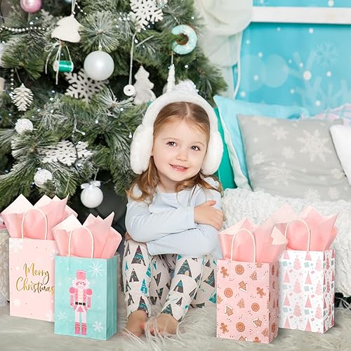 Miniatura 6 de Zhanmai 24 bolsas de regalo de Navidad rosas con papel de seda, soldado, pan de jengibre, árbol de Navidad, bolsas de Navidad con asas para fiestas