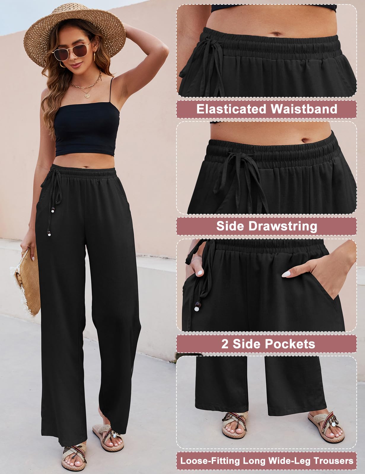 PASUDA Pantaloni Donna Pantaloni in Lino Estivi Larghi da Donna Eleganti Elastico Vita Alta Pantaloni Gamba Dritta Casual Leggeri Pantalone con Tasche e Coulisse Laterale