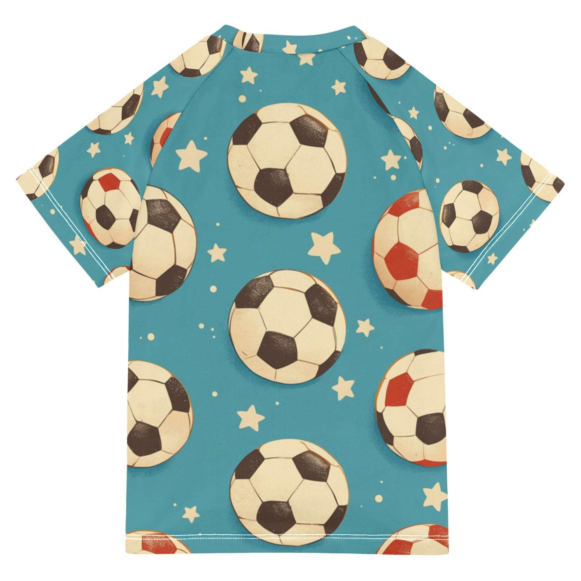 Wudan Cartoon Soccer Balls Stars Blue Girls Bathing Suit UV Protection Girls Rash Guard Swimwears Football Shirt for Teen Boys 9-10Y