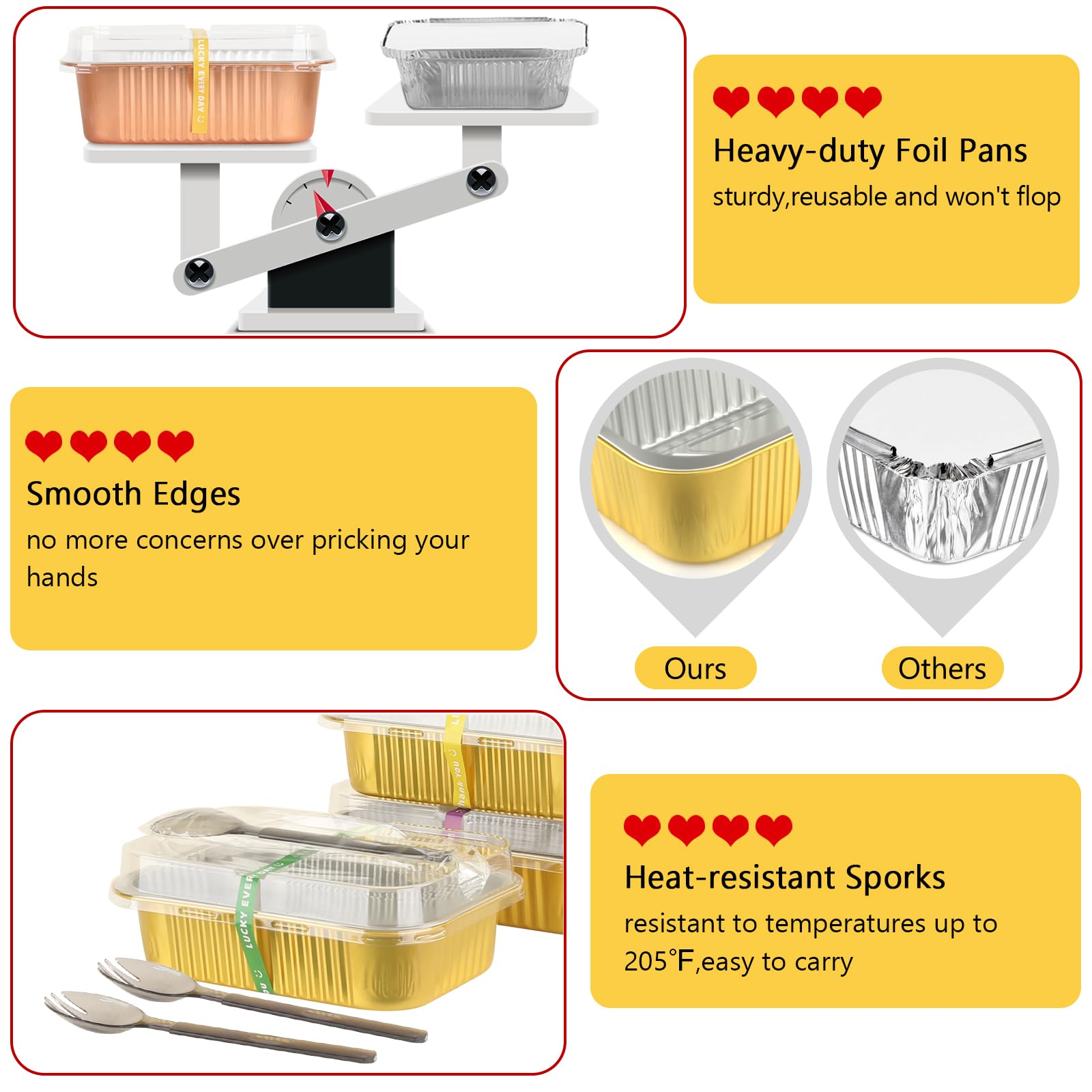 LNYZQUS Paquete de 50 moldes pequeños de aluminio de 1.5 libras con tapas, 7 x 5 pulgadas, recipientes individuales para hornear sobras, recipientes de aluminio de 24 onzas para llevar, recipientes