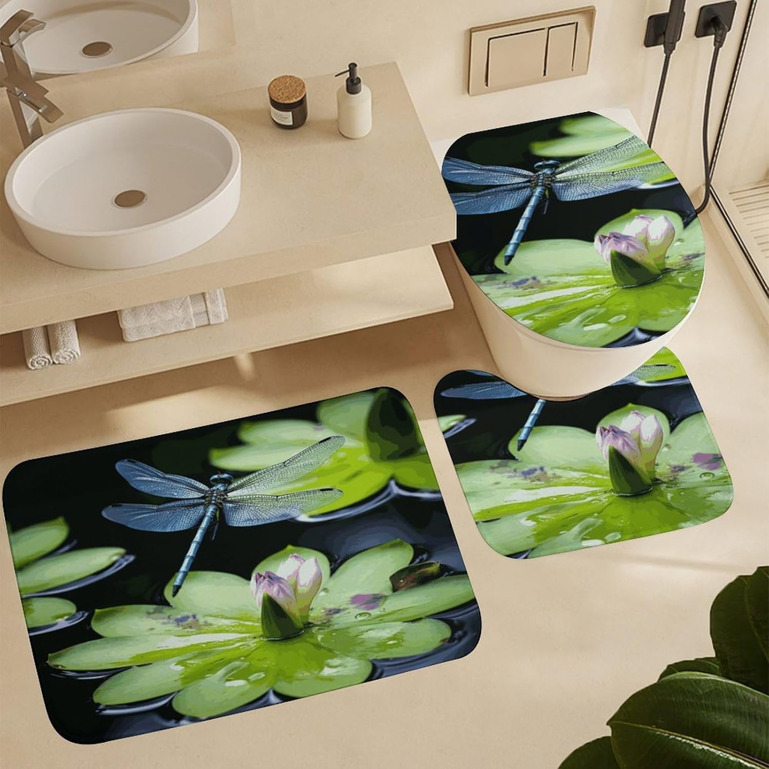 Dragonfly Flies Over 4Pcs Shower Curtain Set with Non-Slip Rugs, Toilet Lid Cover and Bath Mat,Bathroom Set Decor Accessories,Curtain Set with 12 Hooks, 72 X 72 Inch