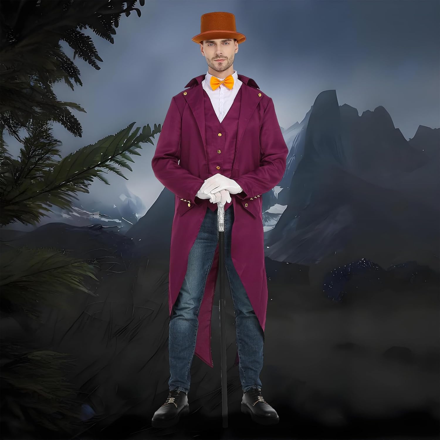 Purple Tailcoat Set with Top Hat Tie Glasses, Gloves for Halloween Party Costume