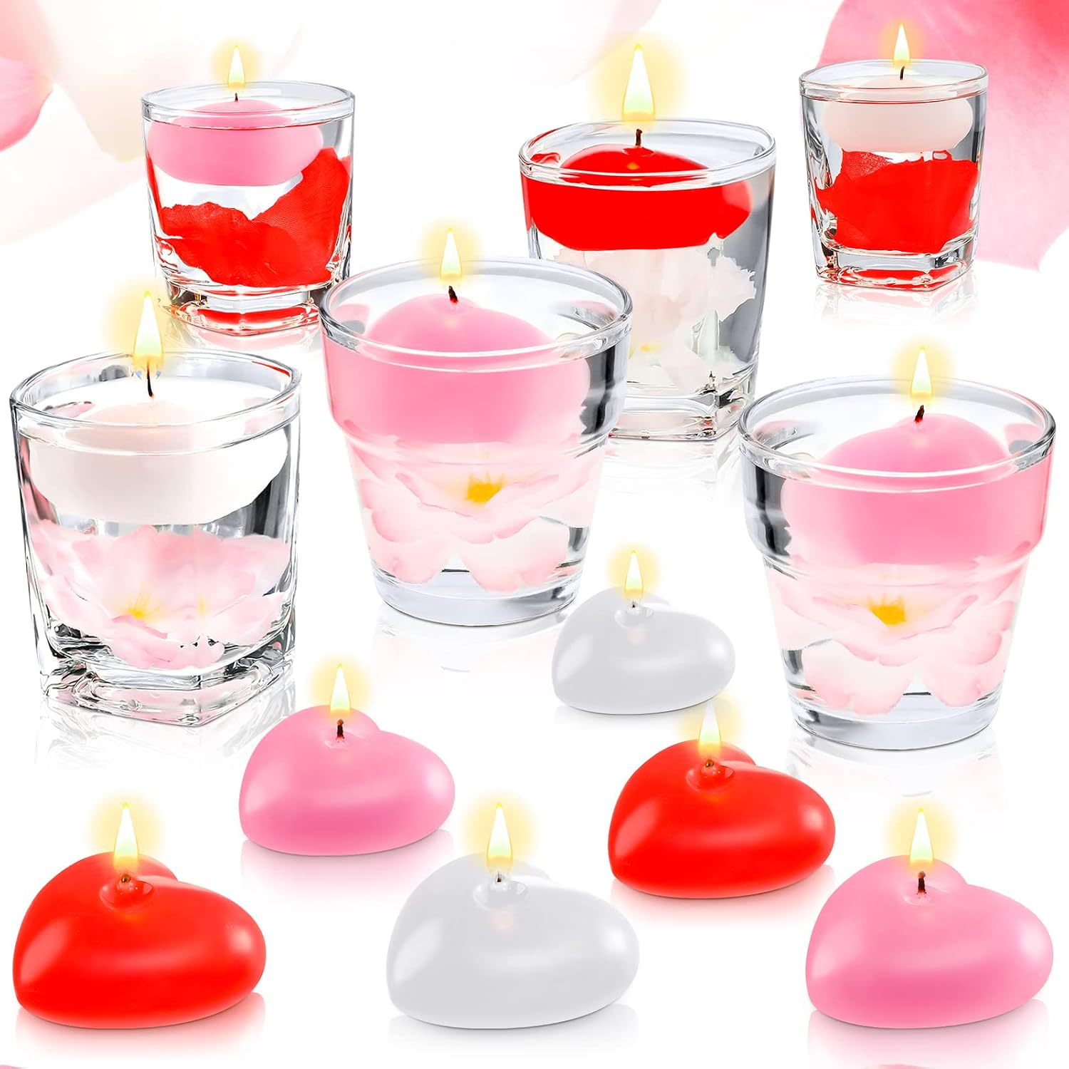 Tondiamo 12 Pcs Valentine Heart Floating Candles Pink Red White Small Floating Candles Bulk 2 Inch Unscented Dripless Wax Burning for Centerpieces Wedding Anniversary Romantic Night Pool Party Decor