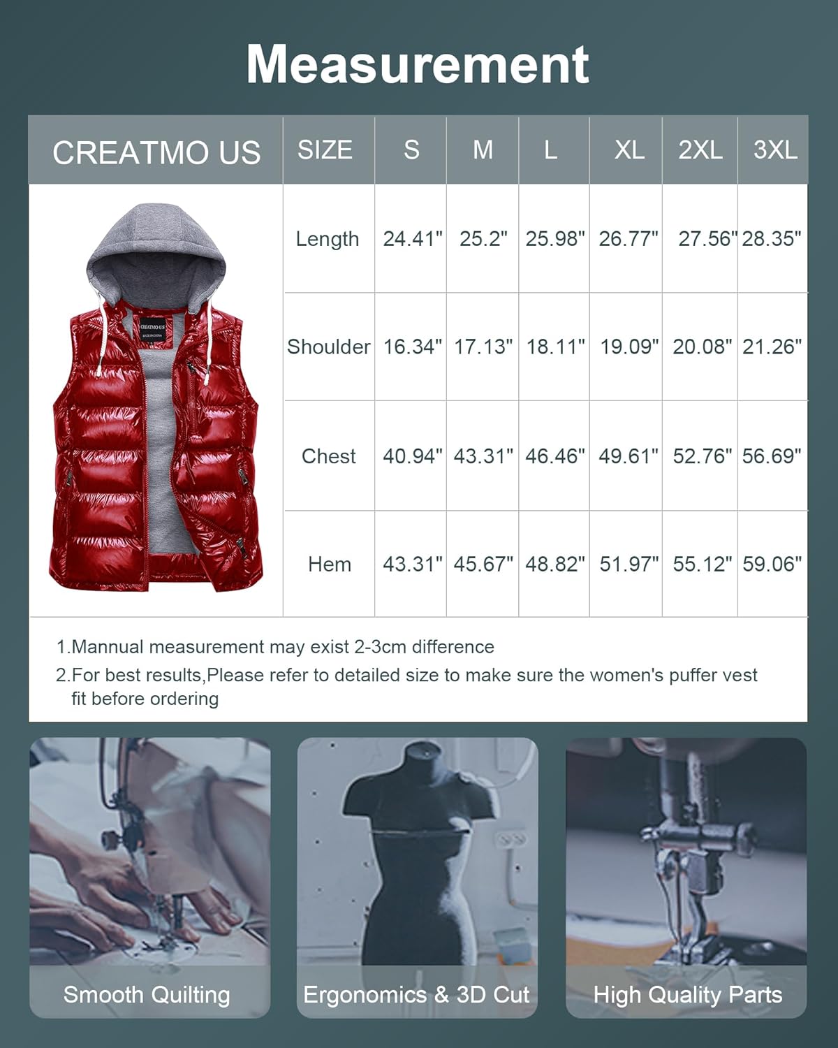 CREATMO US Women's Warm Vest Outerwear Thick Padded Puffer Sleeveless Vest With Detachable Hood