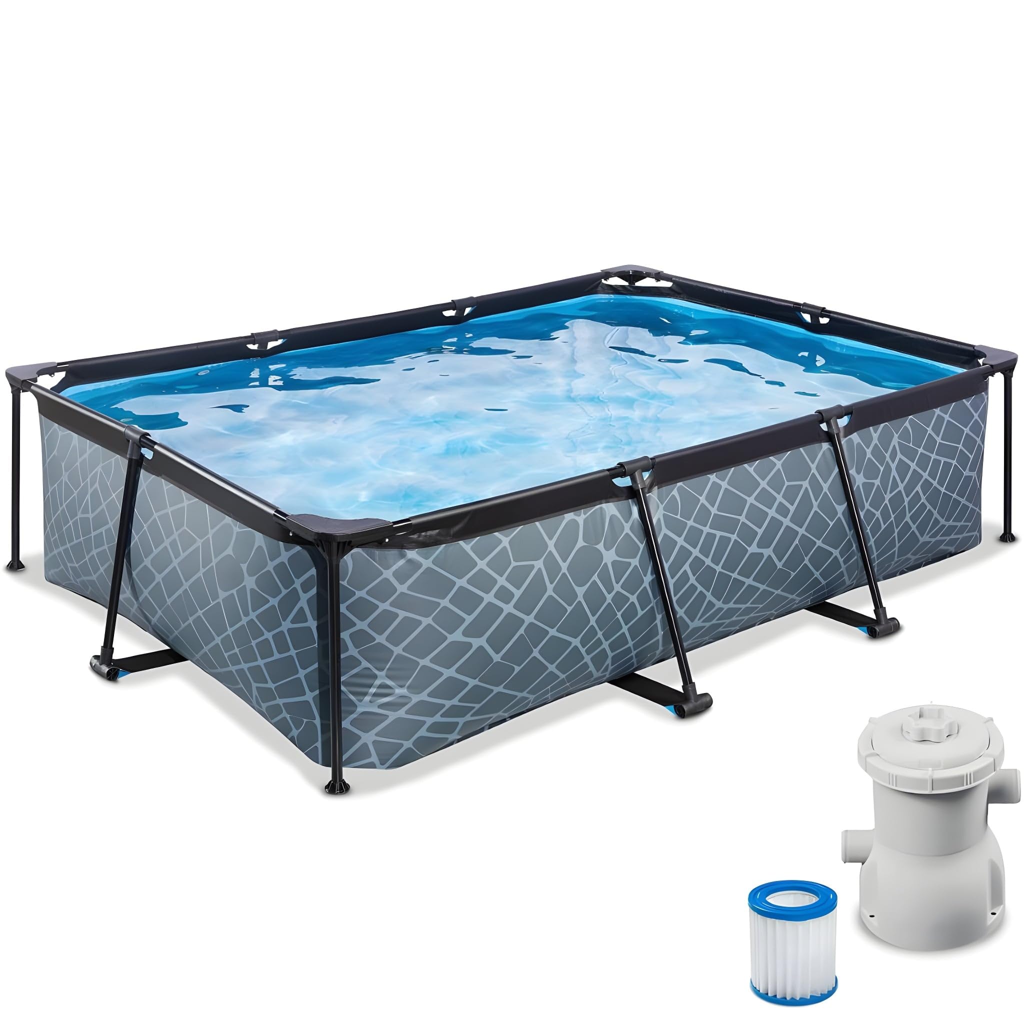 EXIT TOYS Piscine Hors Sol Tubulaire Rectangulaire 220 x 150 x 65 cm avec Pompe Filtrante – Piscine Enfant pour Jardin et Terrasse – Cadre en Acier – TÜV CE en 16582 – Stone – Gris