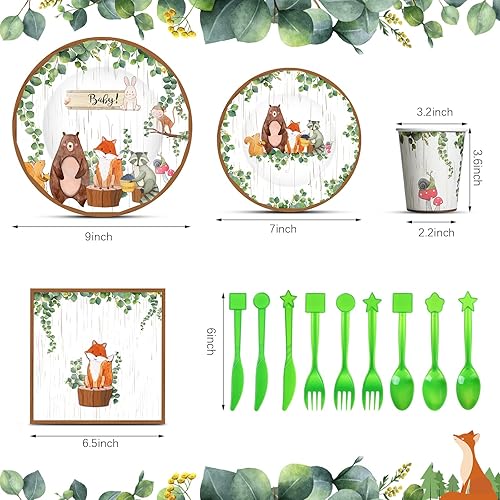 Miniatura 2 de Juego de vajilla de 170 piezas de criaturas del bosque y mantel de animales del bosque, 24 invitados, platos de postre, tazas y servilletas para