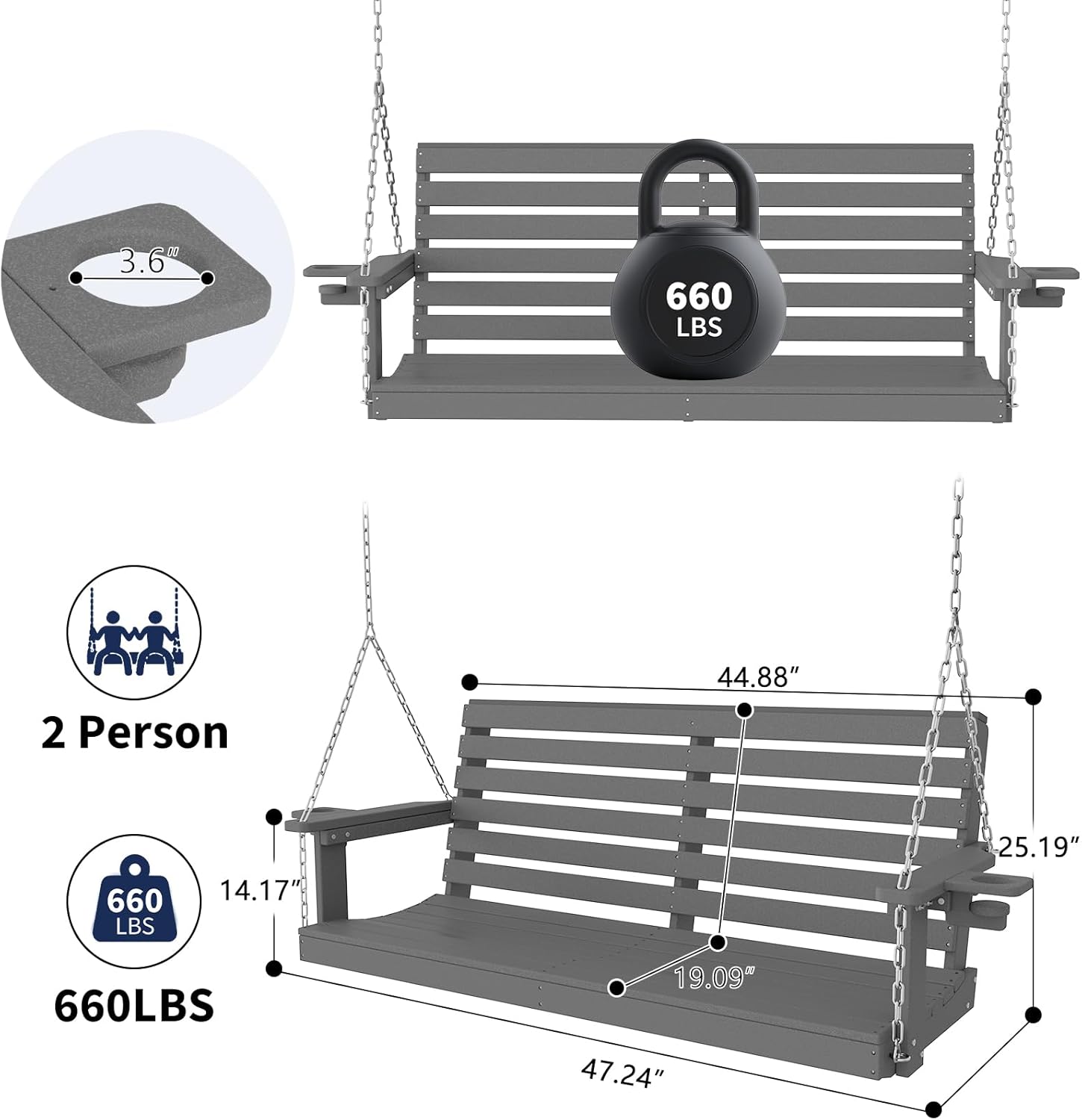 Plawdlik Porch Swings,2 Seat Patio Chair with Two Cup Holders,HDPE Waterproof Bench for Courtyard-Grey