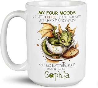 My Four Moods Mugs, Unique Custom Tiny Dragon In A Coffee Cup, Personalized Cute Dragon With Breakfast On Ceramic Cup, Customized Name Dragon White Tea Mug, Travel Cup 11oz or 15oz