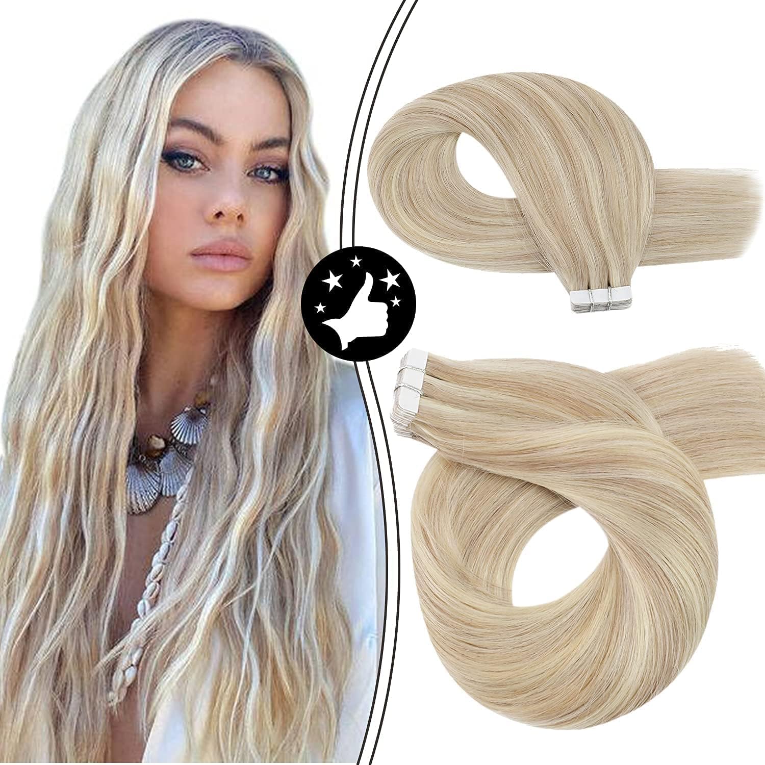 Moresoo Tape in Hair Extensions Ash Blonde Highlighted Platinum Blonde Remy Hair Extensions