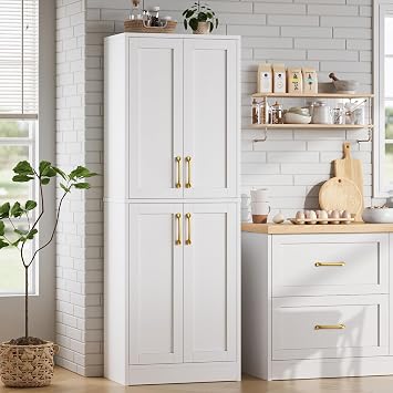 Pantry - Kitchen Pantry Cabinet with 4 Doors and Adjustable Shelves, Tall Black Cabinet Freestanding Storage Cupboard for Dining Room Living Room, Laundry, Bathroom White