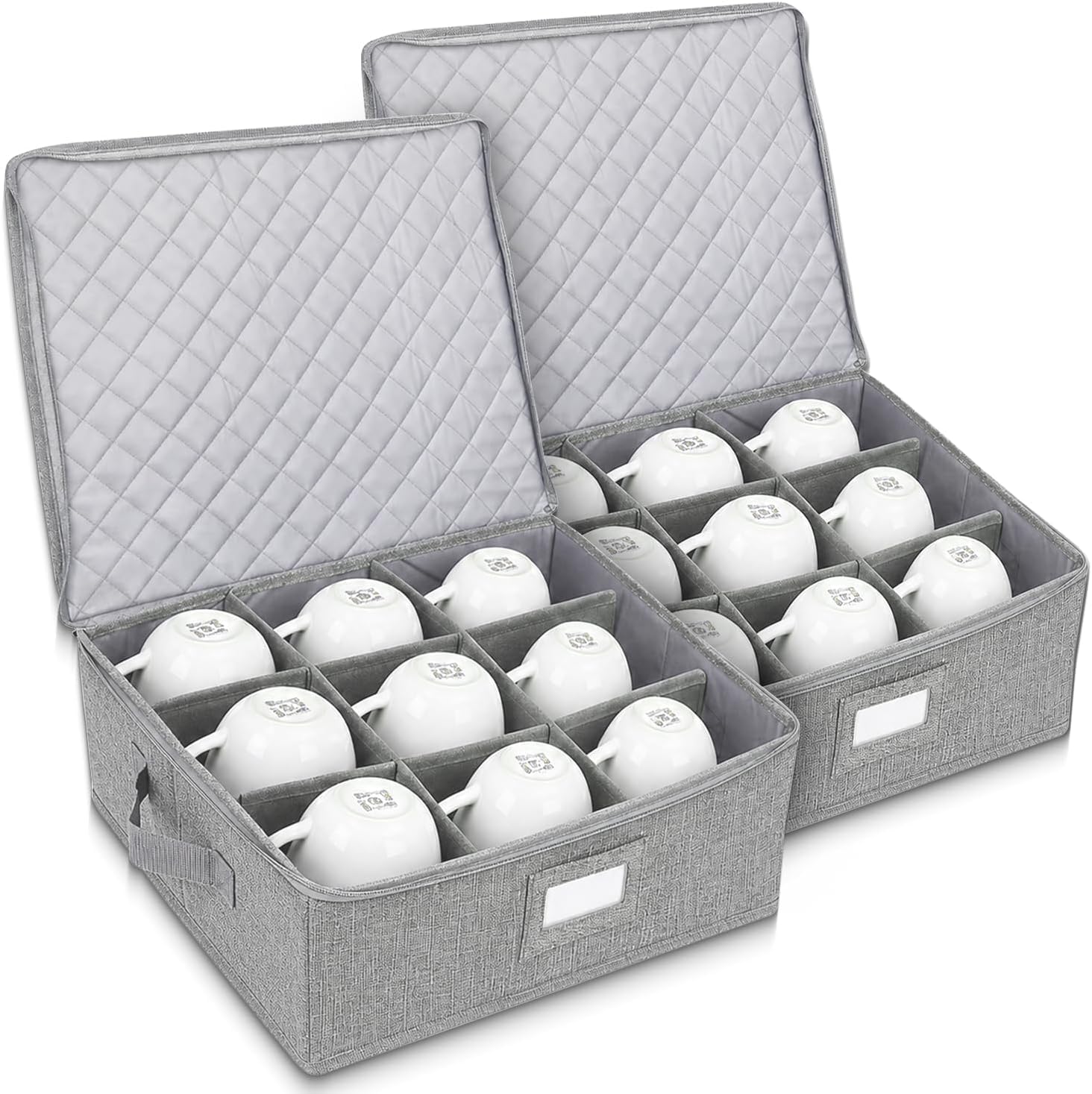 Mug Storage Organizer Set of 2 – 12 Compartment Cup Storage Boxes with Removable Dividers, Stackable Padded Linen & Oxford Fabric Holder with Lid for Coffee Mugs, Glassware & Teacups (Gray)