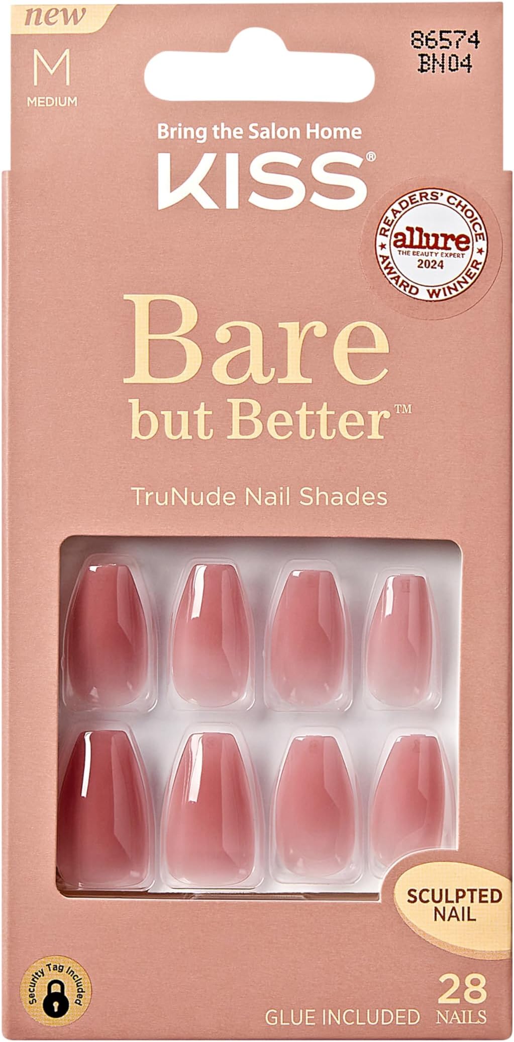 KISS Bare but Better, Press On Nails, Nail glue included, 'Nude Nude', Color, Medium Size, Coffin Shape, Includes 28 Nails, 2g glue, 1 Manicure Stick, 1 Mini File