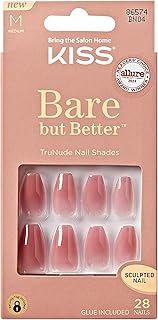 KISS Bare but Better, Press On Nails, Nail glue included, 'Nude Nude', Color, Medium Size, Coffin Shape, Includes 28 Nails, 2g glue, 1 Manicure Stick, 1 Mini File