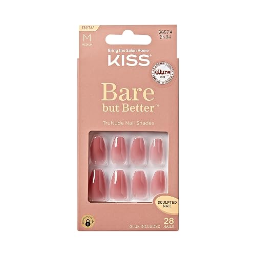 KISS Bare-But-Better Press On Nägel - "Nude Nude" Rosé nude lang Mandel Coffin Form - 28 Press On Kunst-Nägel zum Aufkleben DIY, 2g Nagelkleber, 1 Maniküre-Stäbchen, 1 Mini-Feile