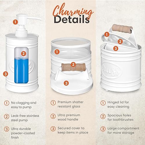 Miniatura 3 de Autumn Alley Juego de accesorios de baño de color blanco rústico (4 piezas)  Dispensador de jabón de loción, soporte para cepillo de dientes, 2