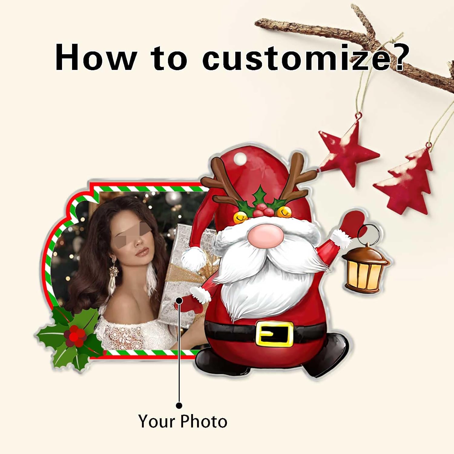 Custom Photo Gnome Ornaments Set for Christmas Personalized Xmas Acrylic Hanging Family Ornaments Decorations for Home Bar Tree(Set of 9)