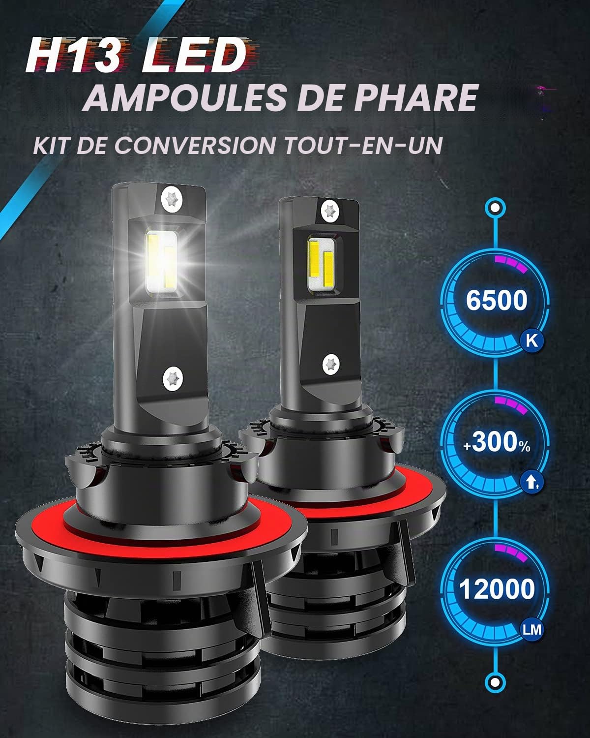 KaTur H13 9008 Hi/Lo Poutre Ampoules de phare à leds Mini conception améliorée Puces 12000 lumens Kit de conversion de phares étanche tout-en-un à LED 55W 6500K blanc xénon-2 ans de garantie