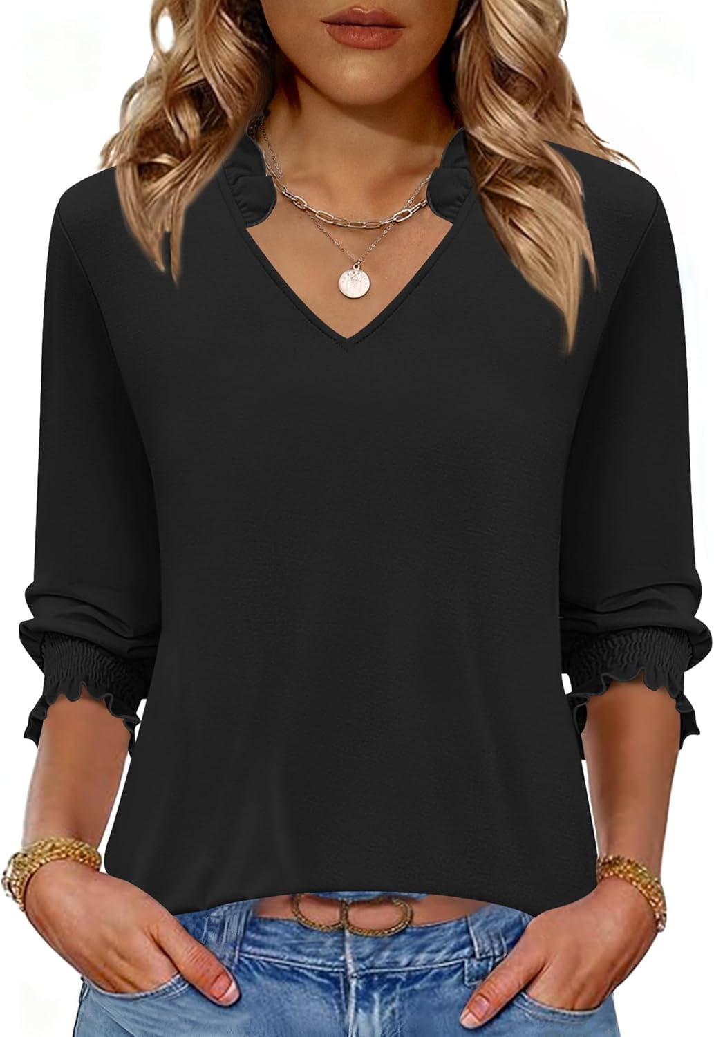 Kistore Tops for Women Dressy Casual 3/4 Length Sleeve Blouses with Pleated Cuffs 2026 Trendy Shirts