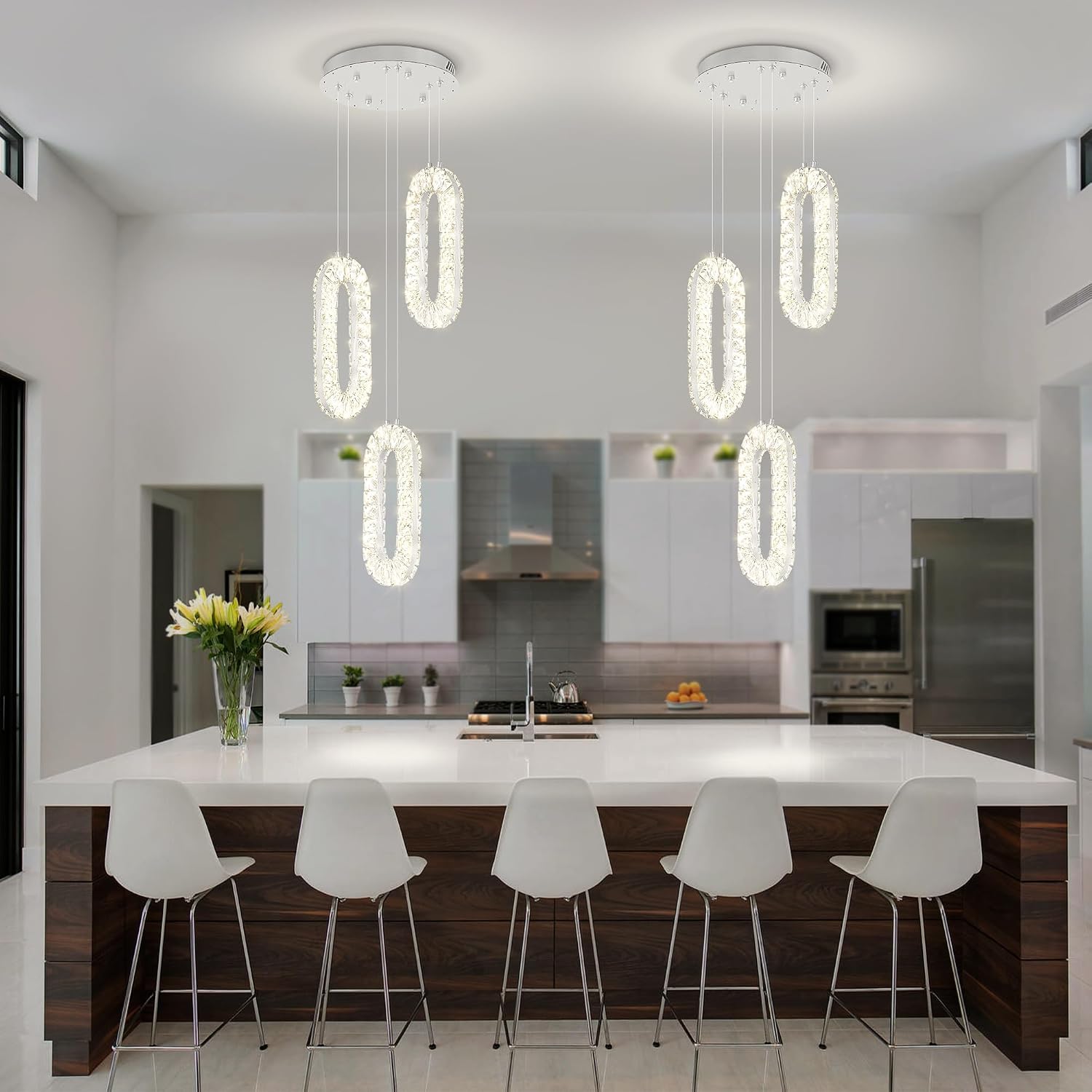 Modern Crystal Pendant Light Silver Ring Pendant Light Fixtures LED Dimmable Pendant Lighting for Dining Room Kitchen Island Bedroom Foyer