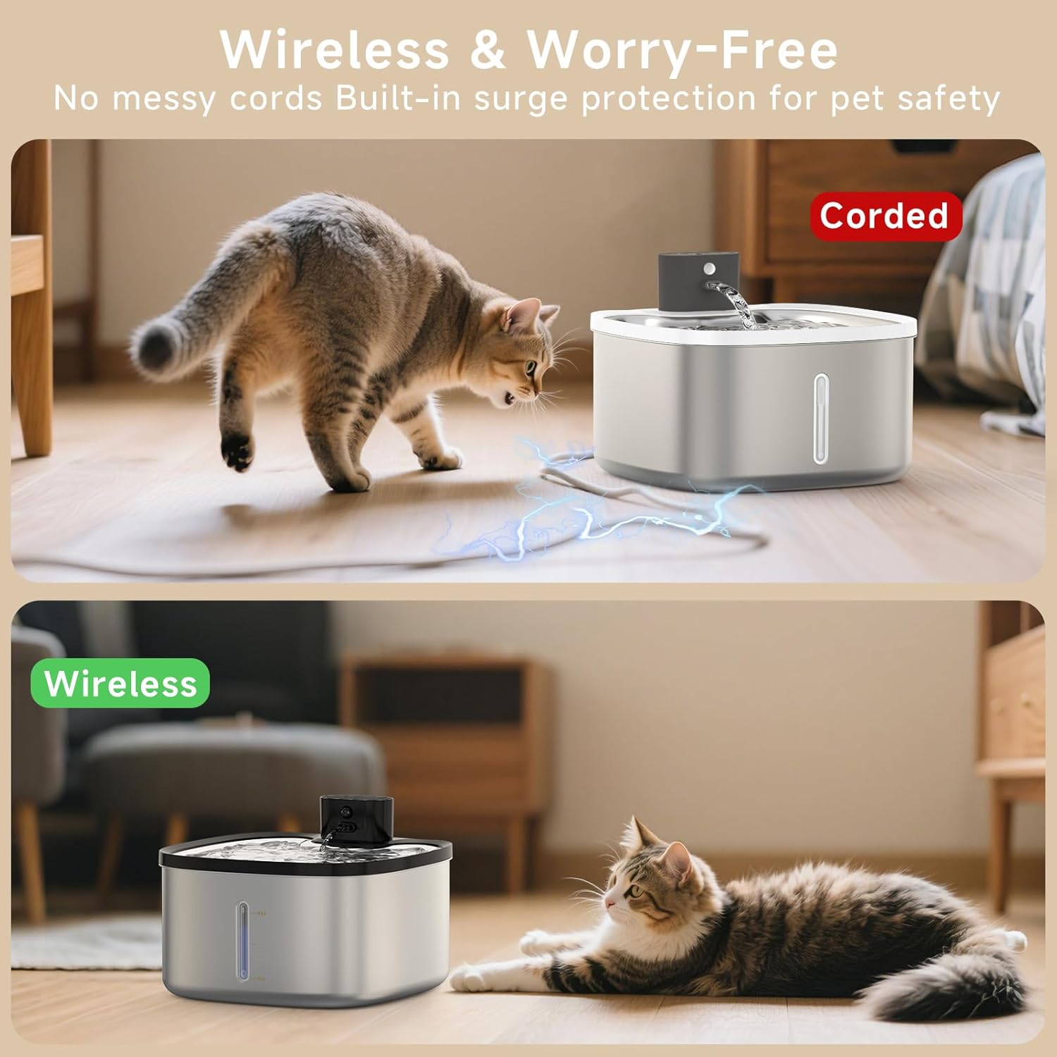 Cat Water Fountain Stainless Steel, 118oz/3.5L Cordless Automatic Pet Water Dispenser for Cats Indoor, with Motion Sensor, Ultra Quiet Pump, Rechargeable & Multi-Filtration (Silver) - Image 3