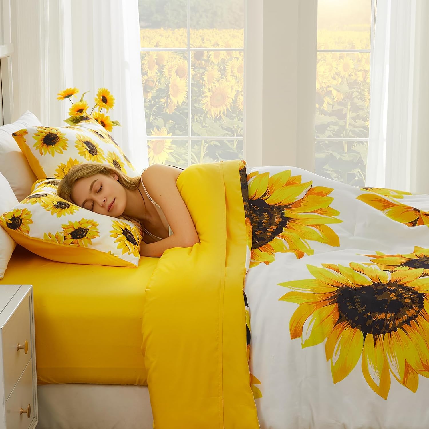 Sunflower Queen Comforter Sets, Sunflower Bedding Set Queen Size, Premium 5-Piece Yellow Comforter Set, and Soft for Teen Girls, Boys and Adults