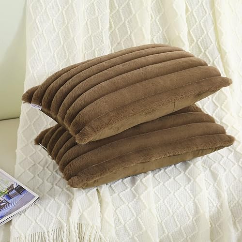 Miniatura 21 de FUTEI - Juego de 2 fundas de almohada decorativas con rayas de color naranja, 20 x 20 pulgadas, cuadradas y primaverales, piel sintética de conejo