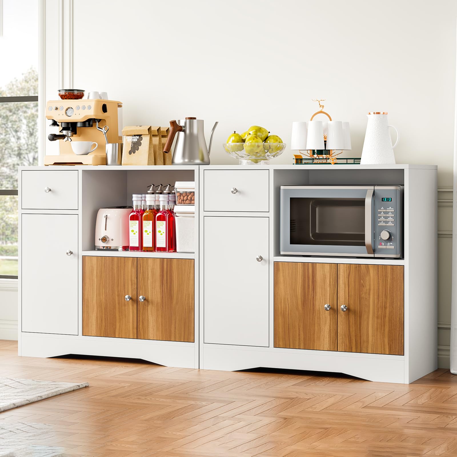 Aparador de Cocina con 3 Puertas, Cajón y Estante para Microondas | Mueble de Almacenaje, Blanco y Madera Natural, 83 × 40 × 80 cm