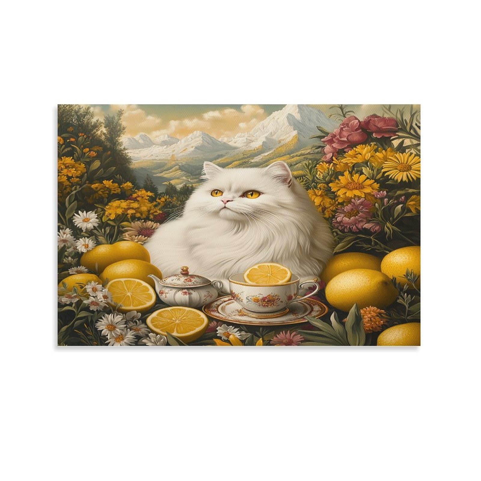 CPLVKWRQJ Whimsical Cat Tea Scene 1 Piece Fantasy Floral Mountain Backdrop Framed Canvas Print - Living Room Focal Point Ready to Hang Gallery Wall Decor 08x12inch(20x30cm)