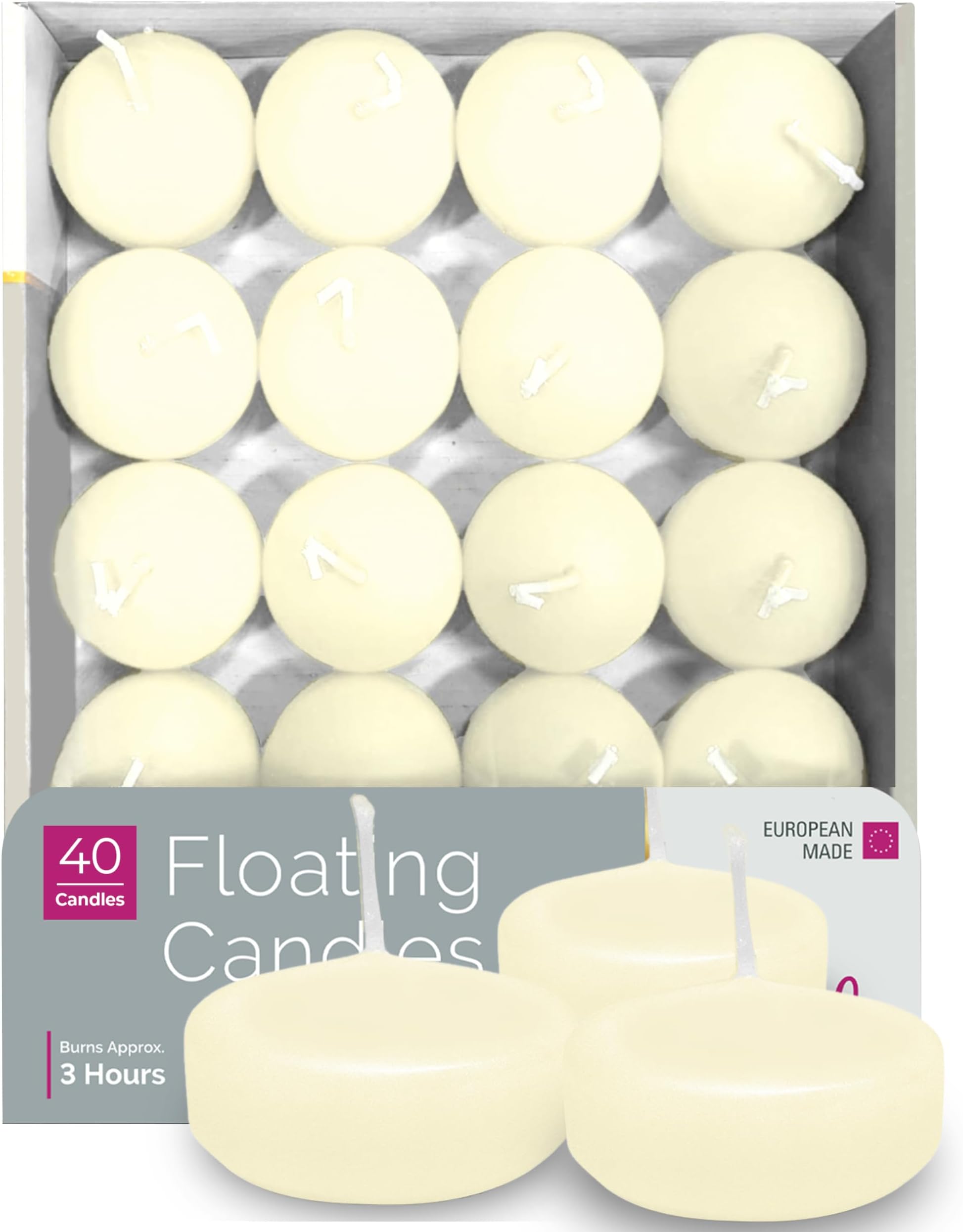 Premium Ivory Floating Candles 1.75 Inch - 3 Hour - 40 Pack - European Made