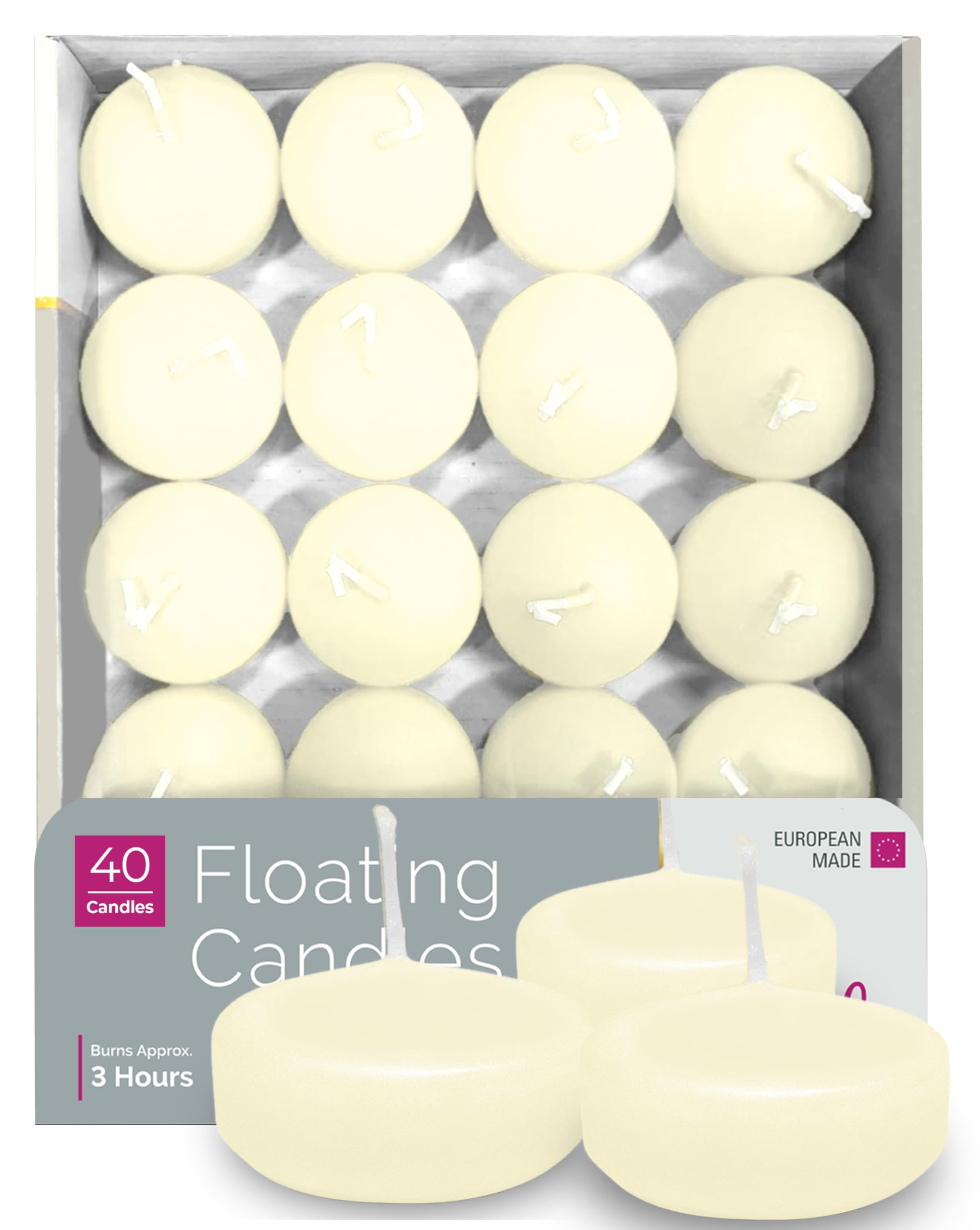 HYOOLA Premium Ivory Floating Candles 1.75 Inch - 3 Hour - 40 Pack - European Made