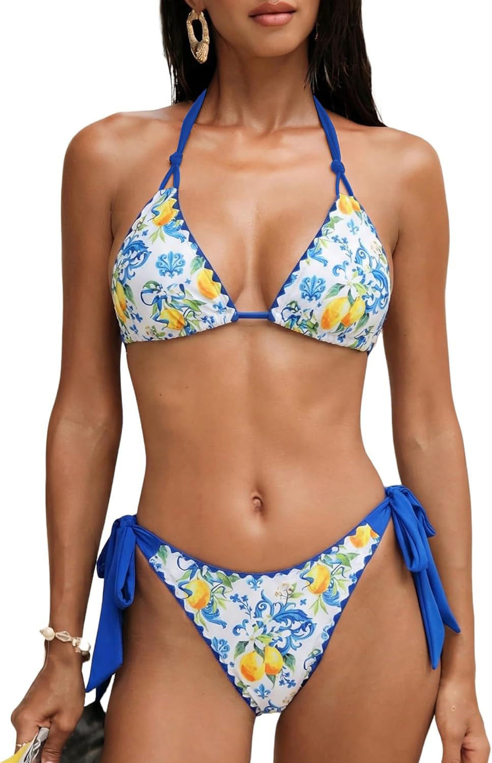 ZAFUL Women's Halter Triangle Bikini Set Whip Stitch 2 Piece Swimsuits Floral Print Tie String Thong Bathing Suits